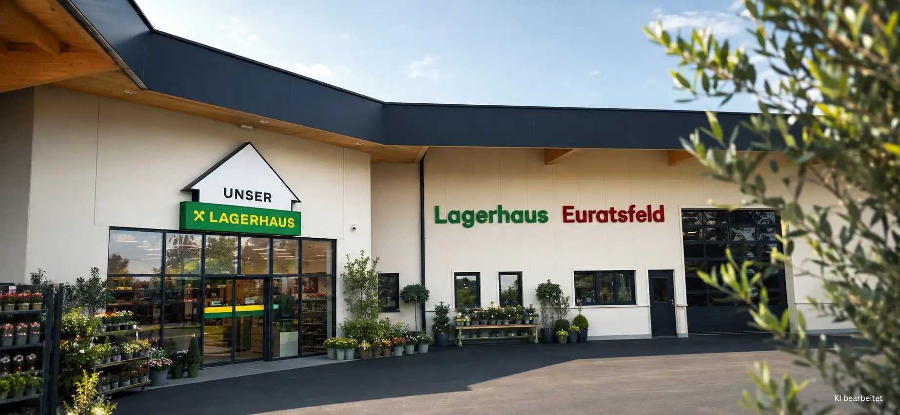 Lagerhaus Euratsfeld mit Pflanzen vor dem Eingang und Beschriftung "Unser Lagerhaus"